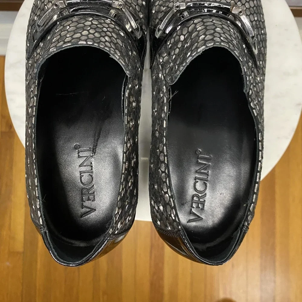 Vercini Shoes Mens Size 6.5 Silver Sequin Leather Monk Strap Dress Loafers